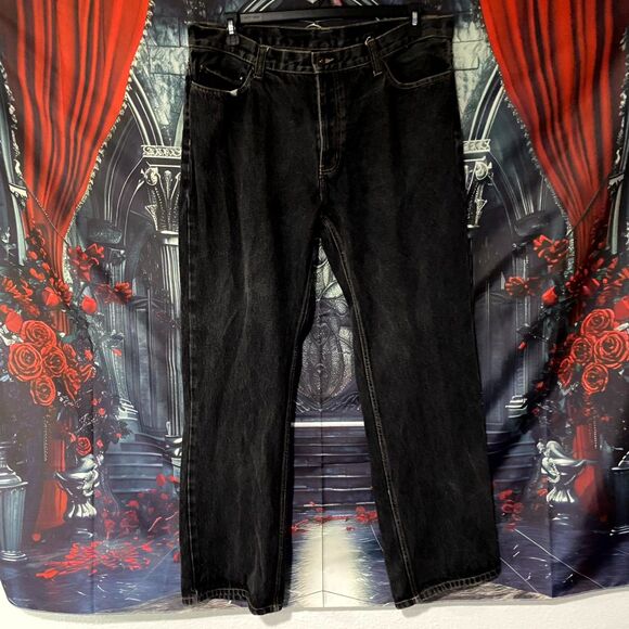 Faded Glory Straight Jeans Men 38x34 Black Denim Streetwear 5-Pockets Dark Wash - Picture 1 of 6